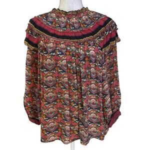 Ranna Gill Anthropologie Size L Multicolor Viscose Blouse Top Ruffled Boho Indie